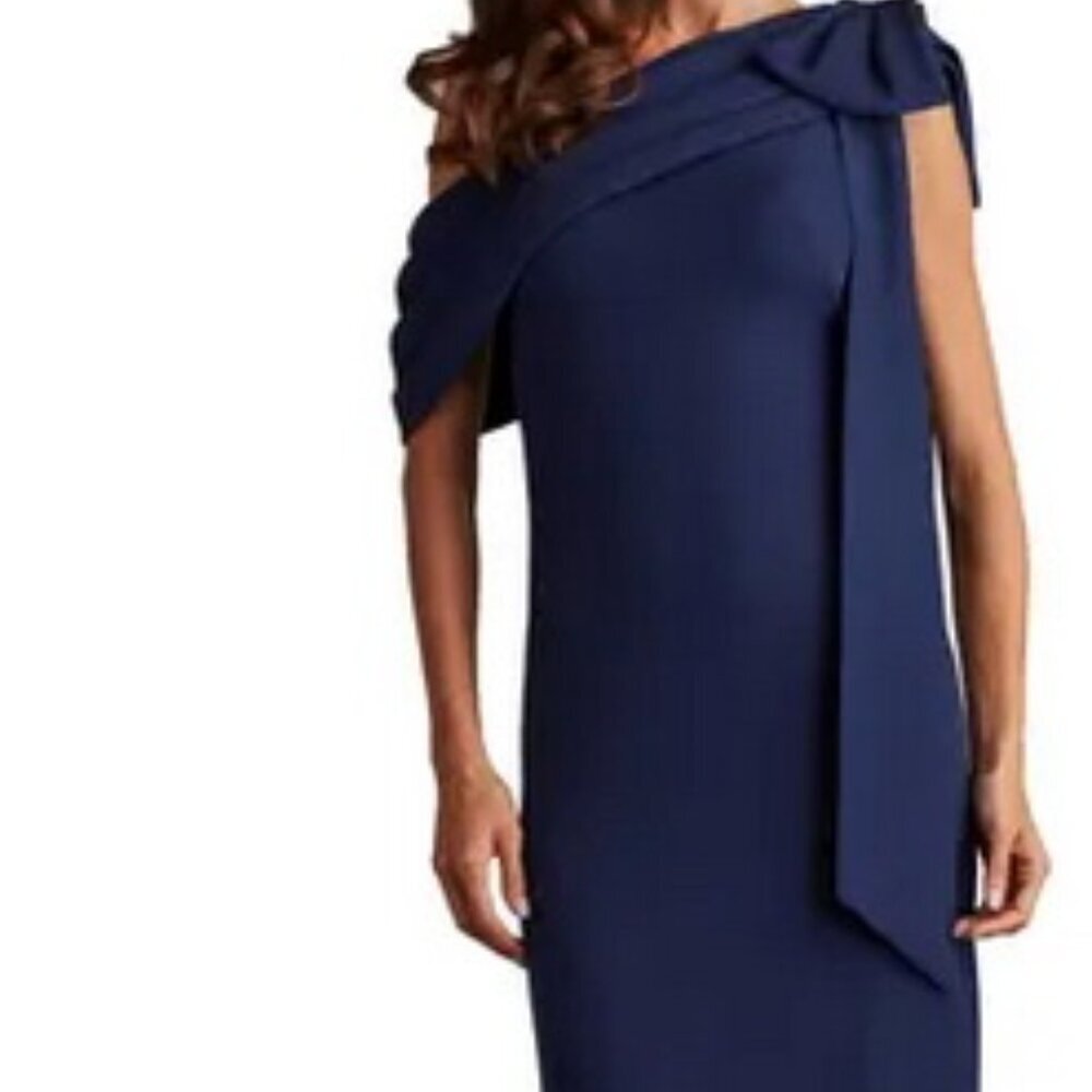 Tadashi Shoji Navy Blue One-Shoulder Bow Detail Crepe Gown
